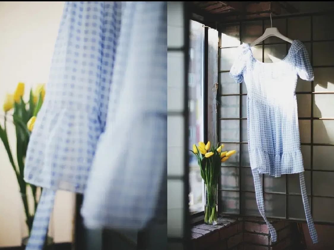 밀크코코아 연블루 체크 오프숄더 리본 쉬폰 원피스 상품이미지9