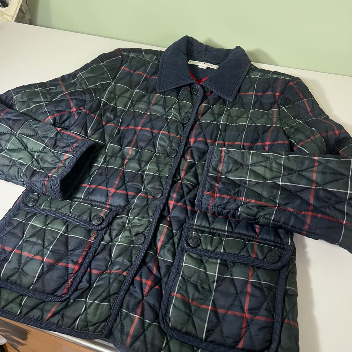 우먼S-M 타미힐피거 가벼운누빔 그린체크 퀼팅자켓 상품이미지1