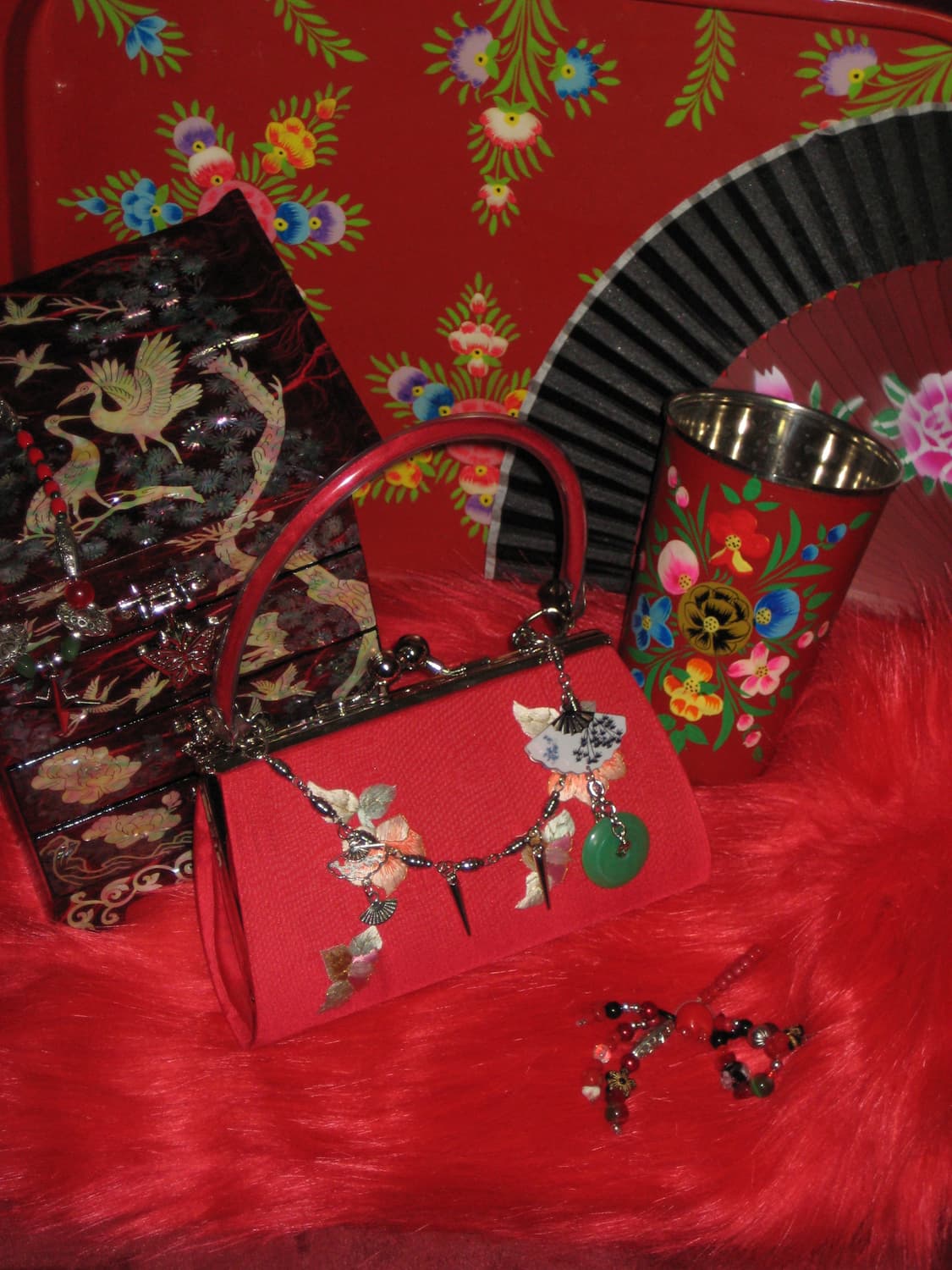 오리엔탈 레드 자수 도트 클러치백 체인메이드 상품이미지2