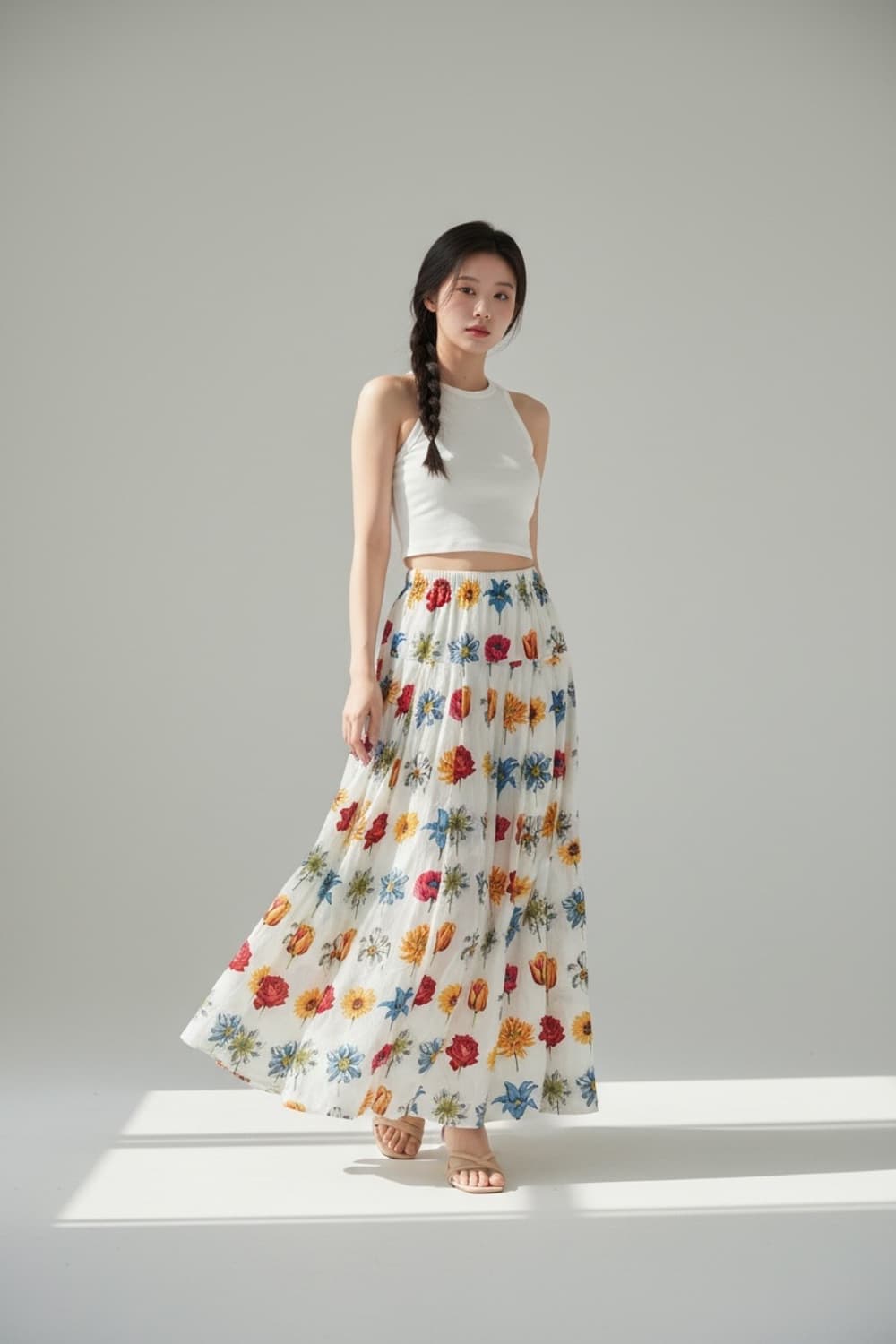 오일릴리 플라워 패턴 롱 플리츠 스커트 S 상품이미지1