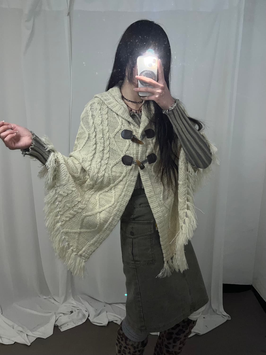 Colza 니트 프린지 후드 케이프 상품이미지1