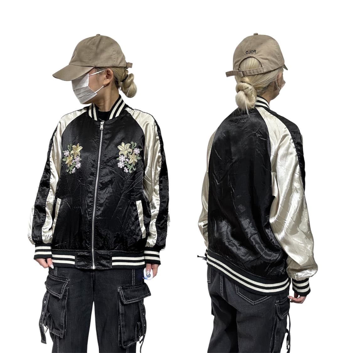 일본 빈티지 자수 블랙 화이트 꽃 스카잔 자켓  상품이미지1