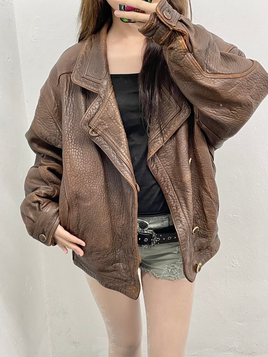 브라운 헤비 레더 봄버 자켓 상품이미지4