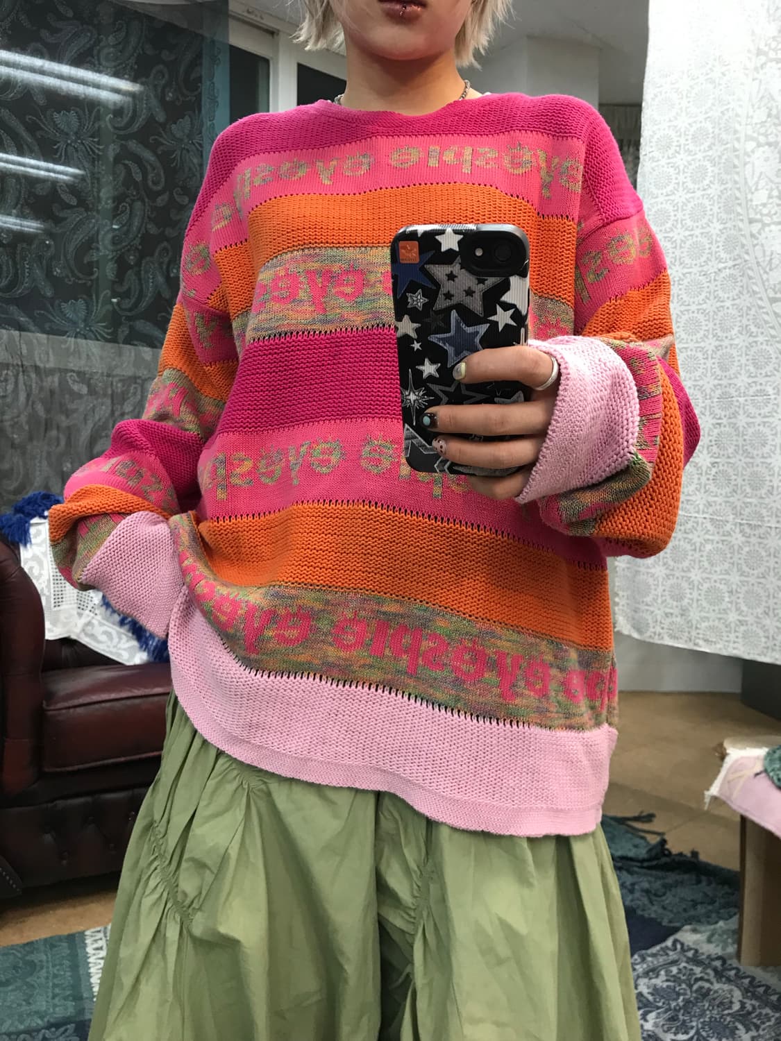 빈티지 여성 멀티컬러 라운드 그물 니트  상품이미지1