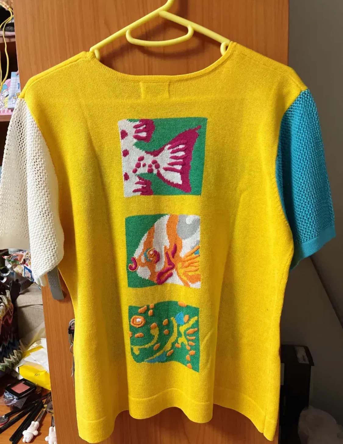 빈티지 몬니 여름 니트 그물 가디건 자수 티셔츠 블라우스 물고기 상품이미지2