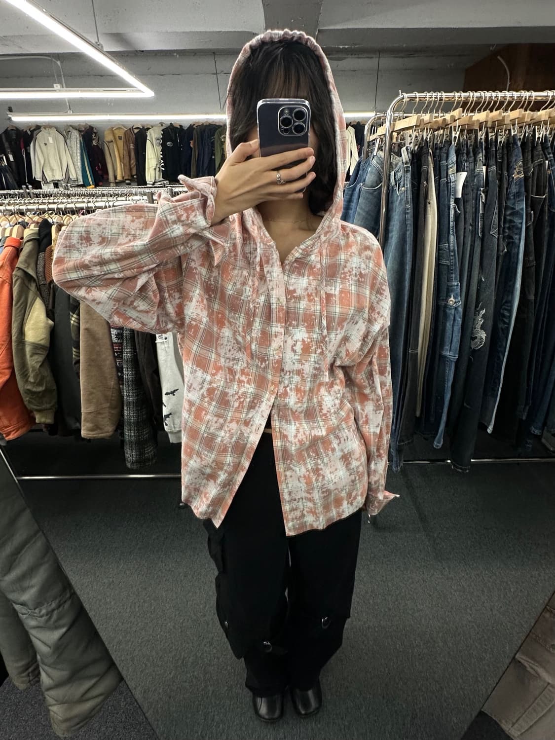 OS)빈티지 그런지 오버핏 후드 체크 셔츠 상품이미지3