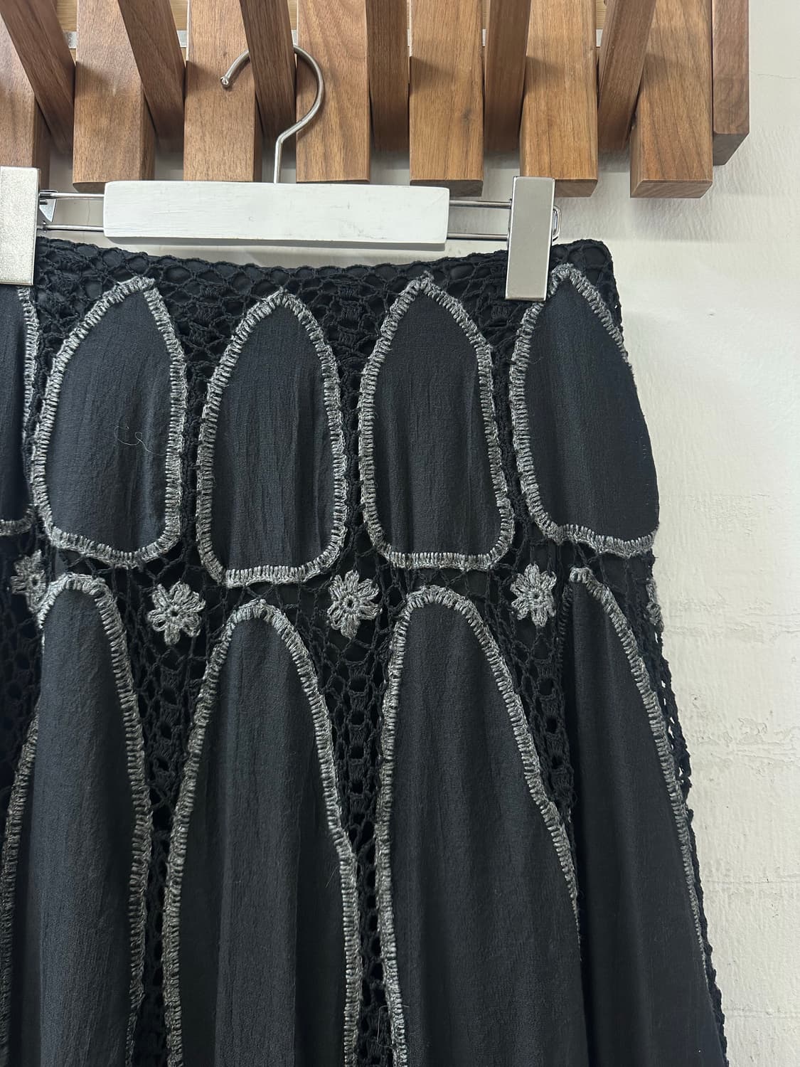 일본빈티지 코튼 실크 혼방 그런지 레이스 크로셰 패치워크 블랙 스커트 상품이미지2