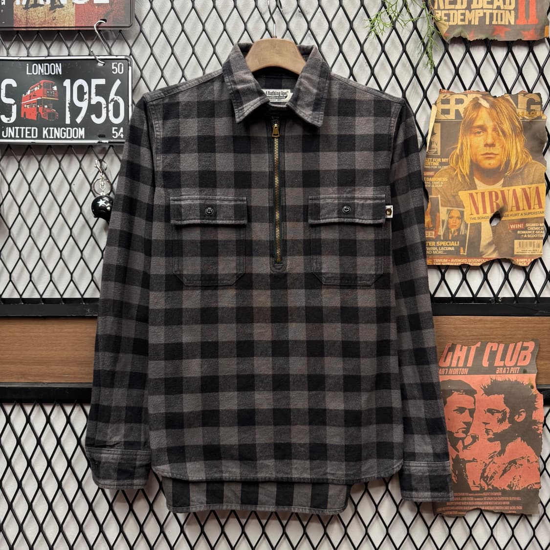 00s 베이프 버팔로 체크 하프 집업 워크 셔츠 그레이 블랙 상품이미지1