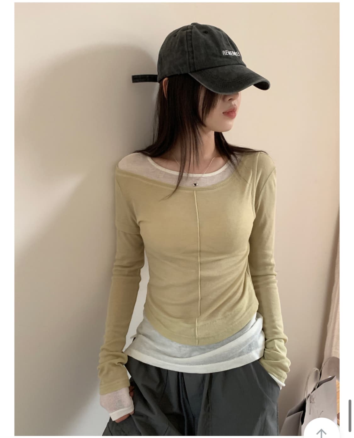 모어라벨 얇은 라운드넥 트임 레이어드 긴팔 세트 옐로우 상품이미지2