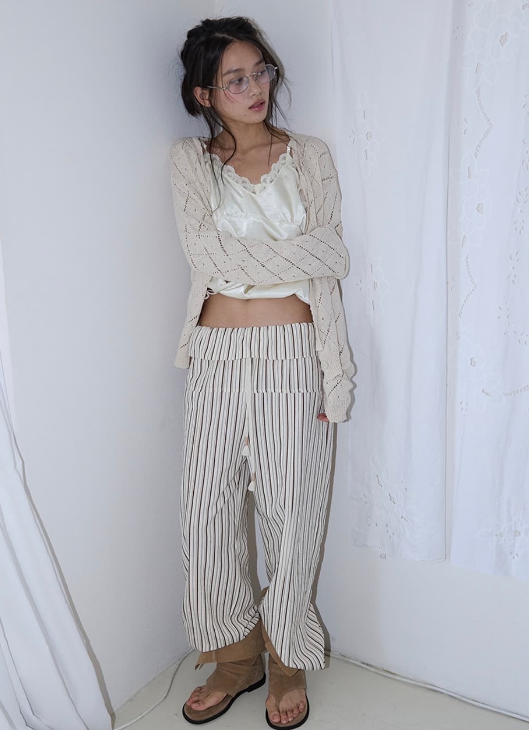 호쿠스포쿠스 리플 스트라이프 폴드 팬츠_브라운 상품이미지2