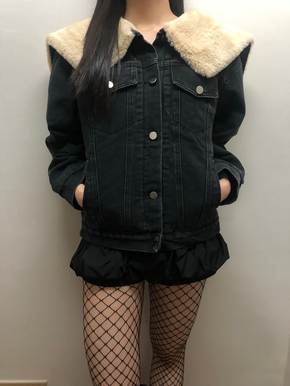 빈티지 블랙 데님 퍼 카라 자켓 상품이미지4