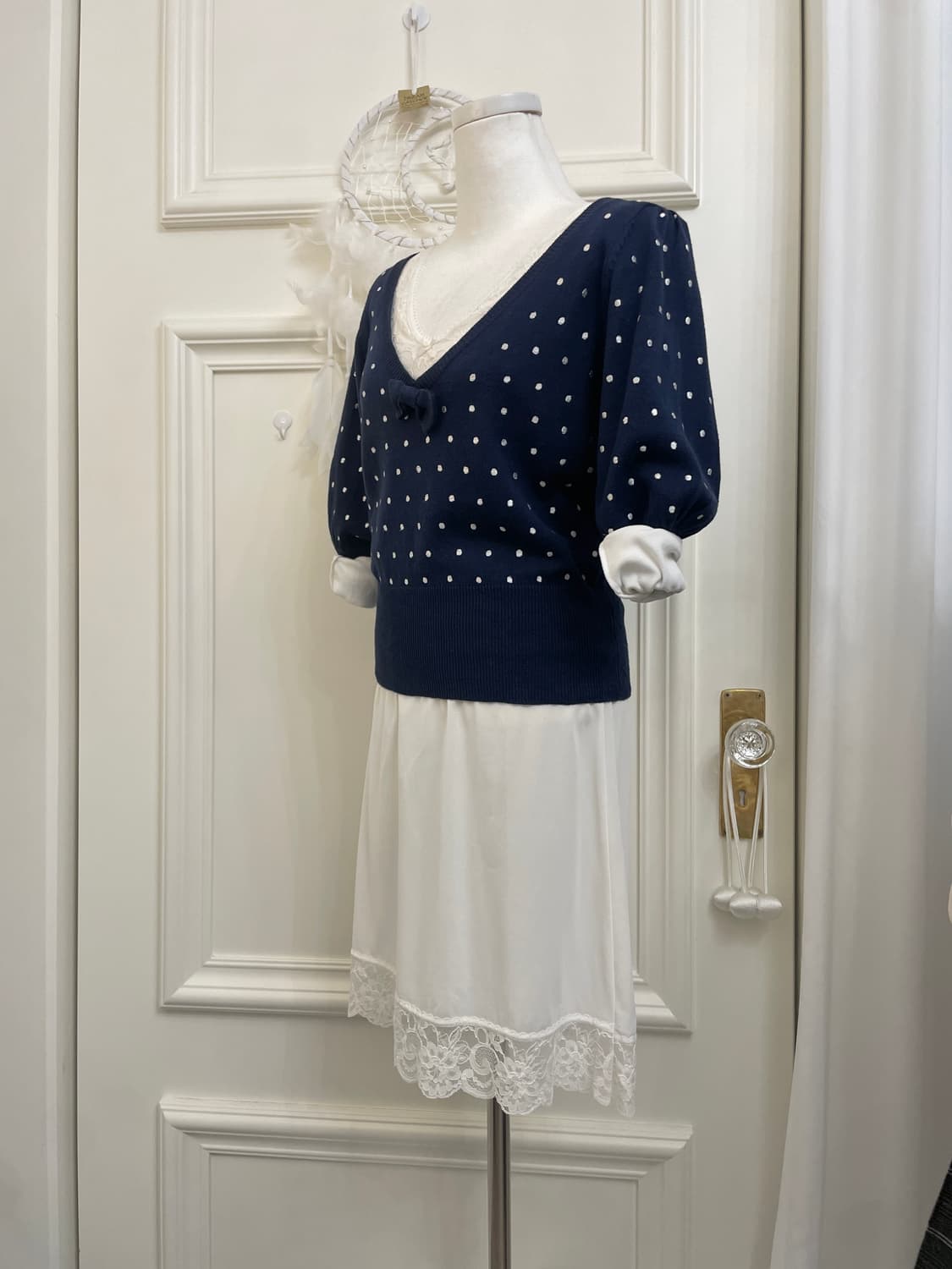 navy dot bow point knit top&white lace s 상품이미지2