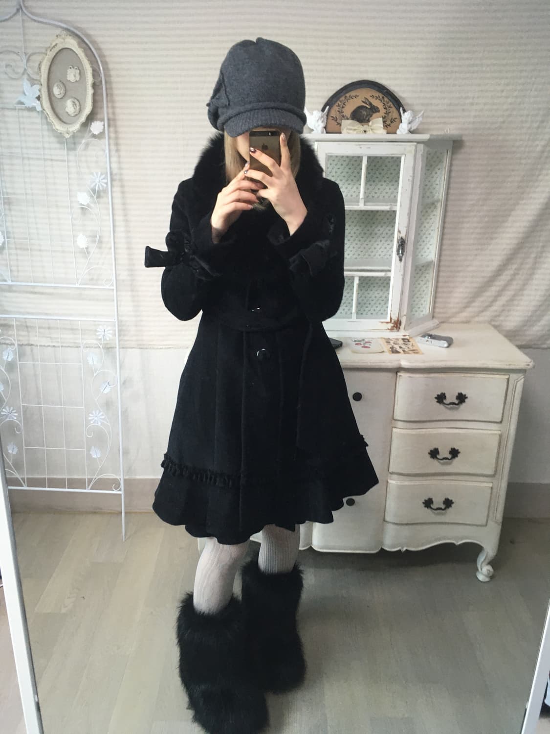 jpn vintage black fur collar frill coat 상품이미지1