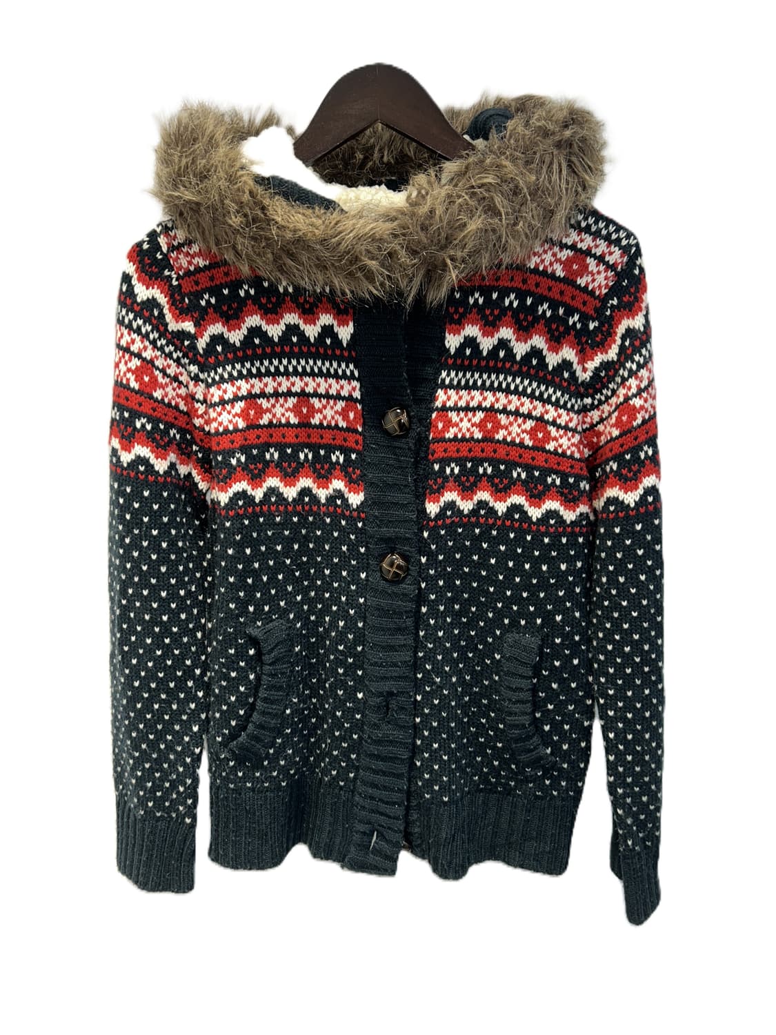 노르딕 패턴 퍼 후드 니트 가디건 상품이미지1