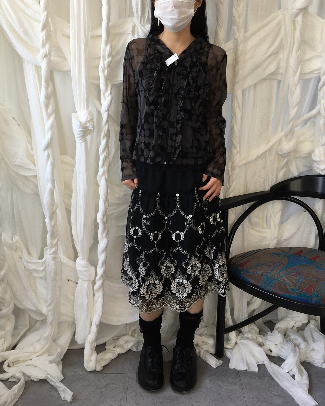 Dot pattern mixed frill hood mesh zip up 상품이미지8