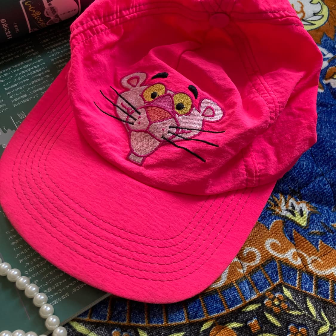 올드 빈티지 80's 네온 핑크 팬더 자수 로고 볼캡 모자 상품이미지1