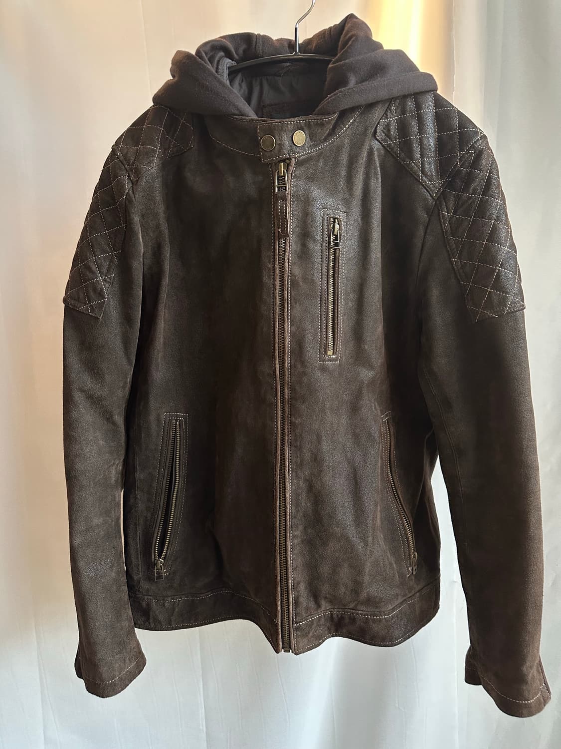 Black rivet 레더 후드 바이커 자켓 상품이미지1