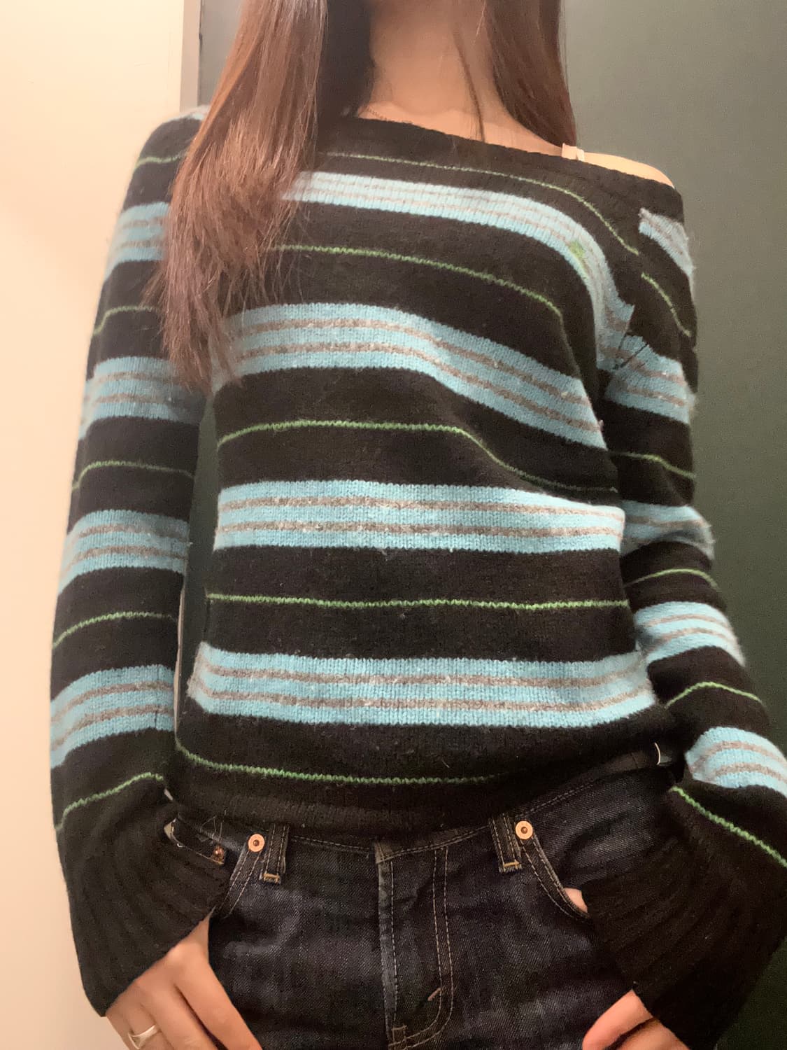 버버리 블루라벨 오프숄더 니트 스웨터 스트라이프 y2k 상품이미지1