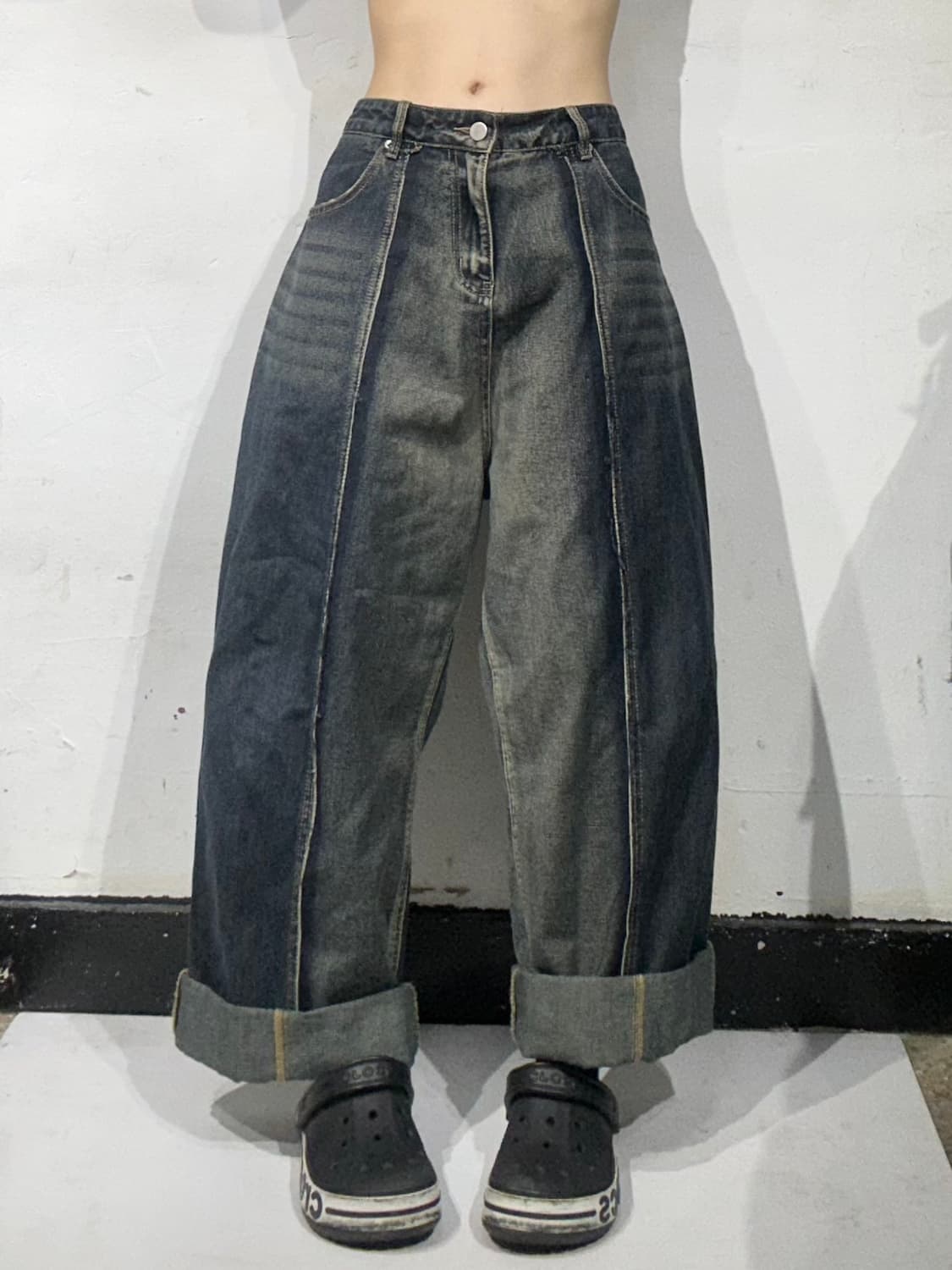 90s 빈티지 중청 데미지 워싱 와이드 벌룬 데님 팬츠 M 상품이미지2