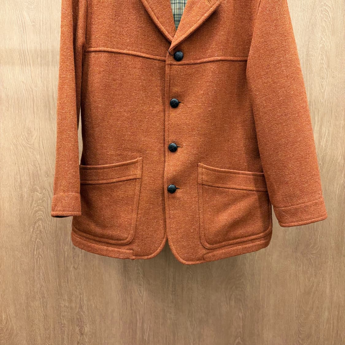 카라웨이 컴포트 울 자켓 체크 안감 배색 카라 체스트 절개 디테일 오렌지 상품이미지5