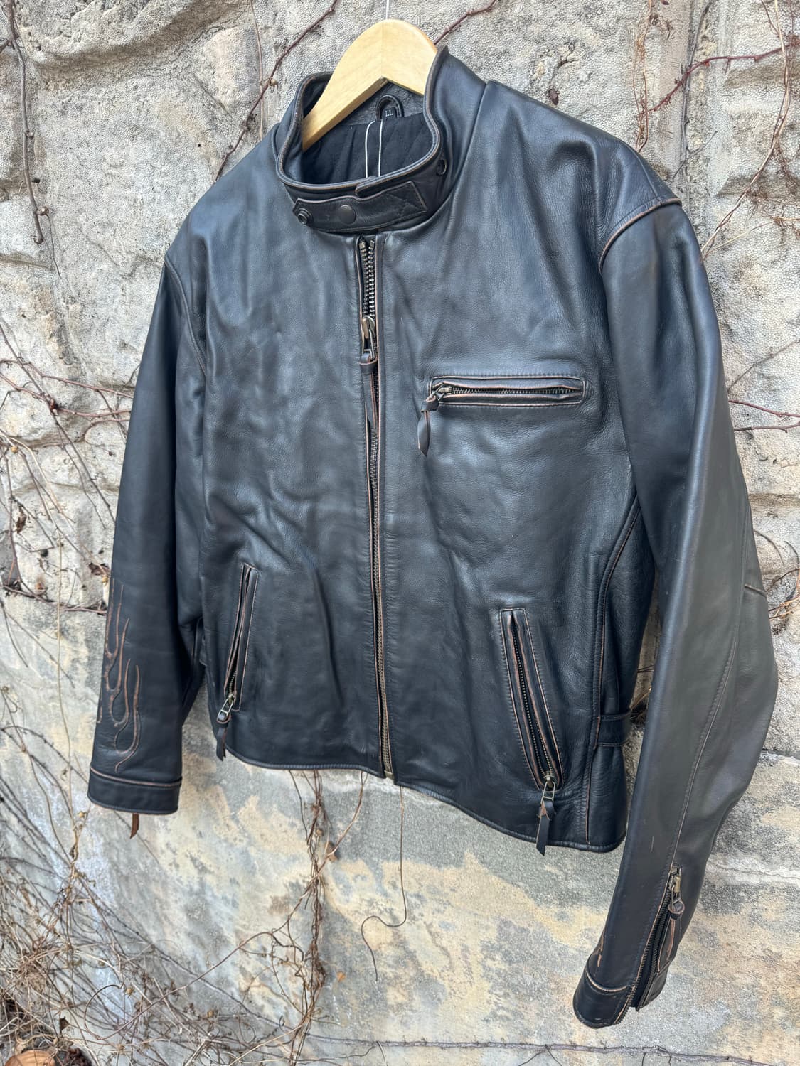 80~90s 윈드아머 입체 플레임 문양 빈티지 소가죽 싱글라이더 자켓 상품이미지3