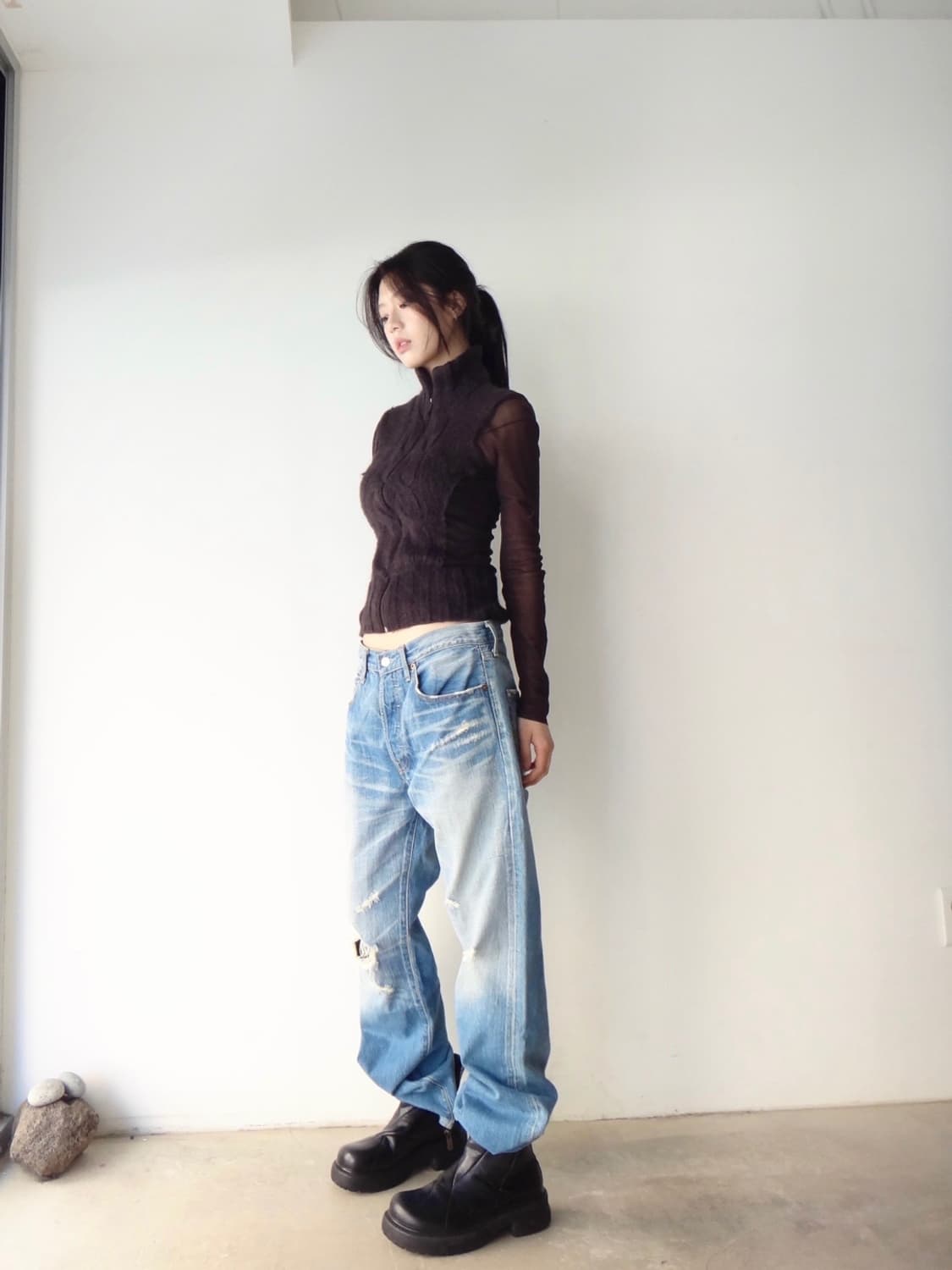 Kid hair sheer zip-up / brown 상품이미지1