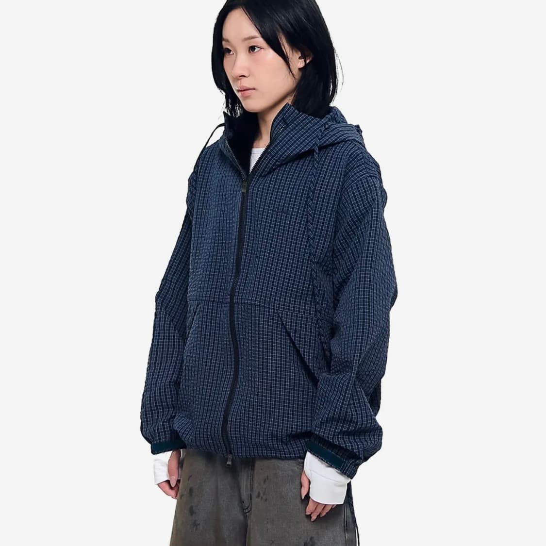 아캄 체크패턴 후드자켓 네이비 상품이미지2