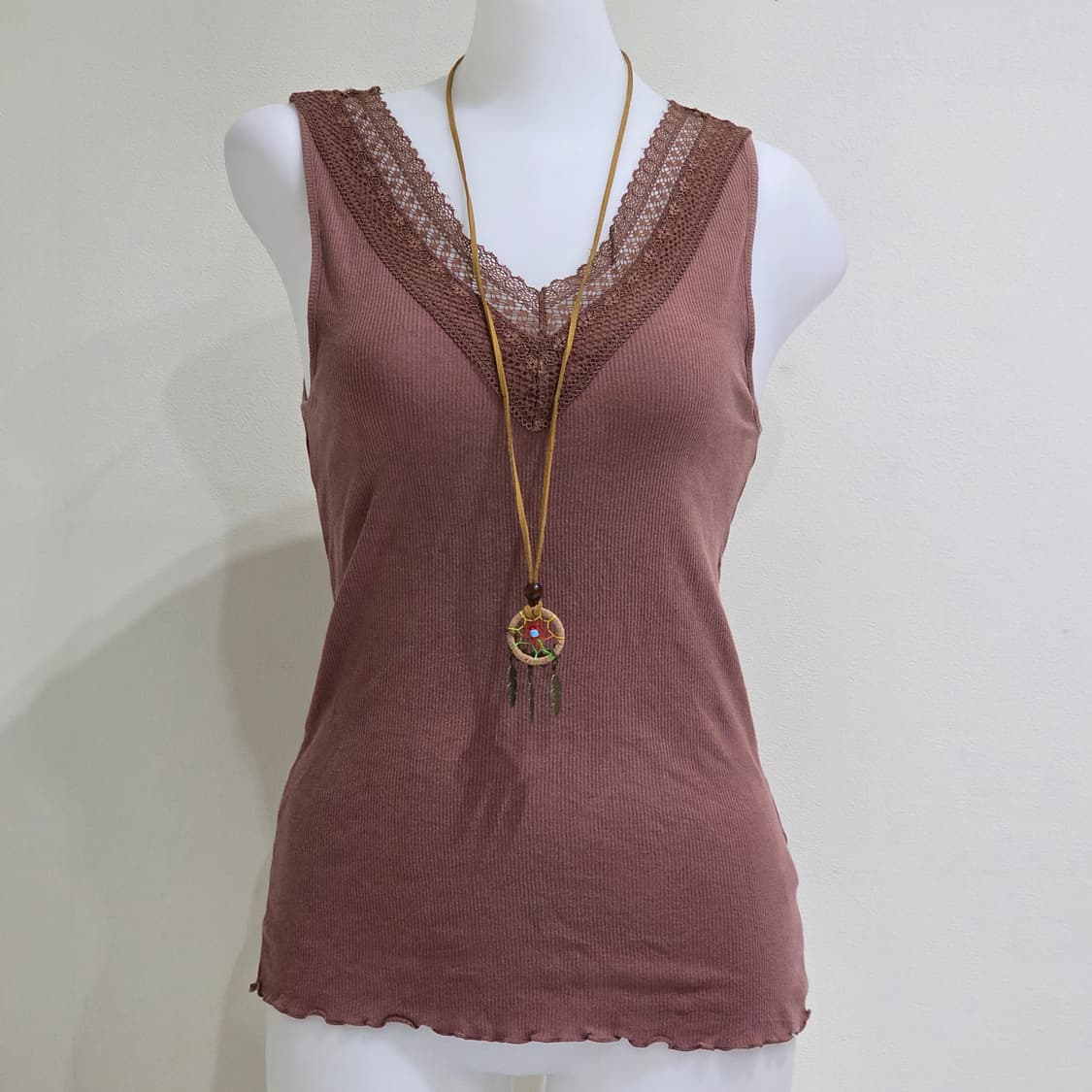 GU 일본빈티지)레이스 브라운 y2k 오네갸루 브이넥 슬리브리스 나시 상품이미지1