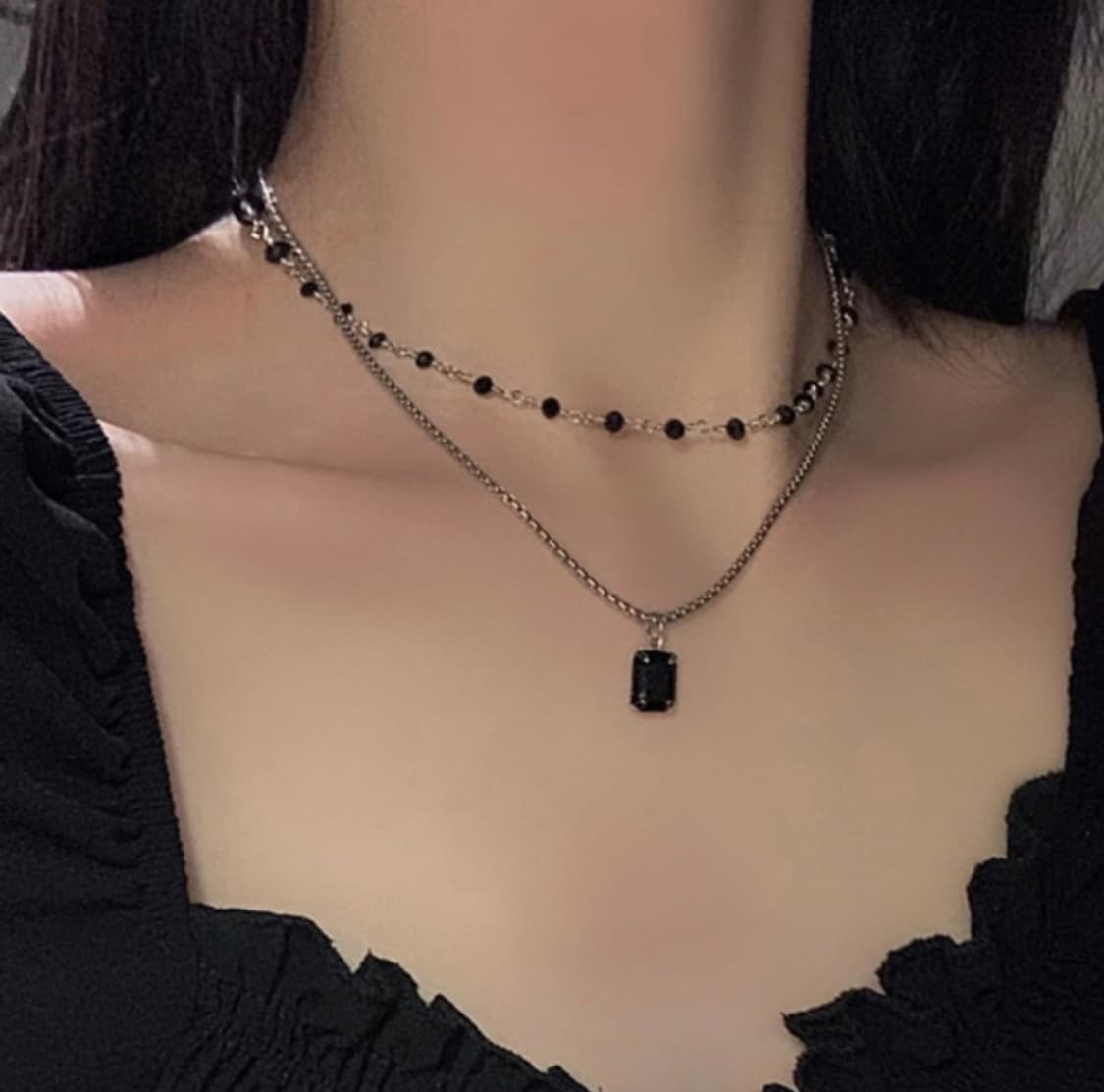 블랙 초커 레이어드 목걸이 세트 (실버 체인 + 스톤) 상품이미지3