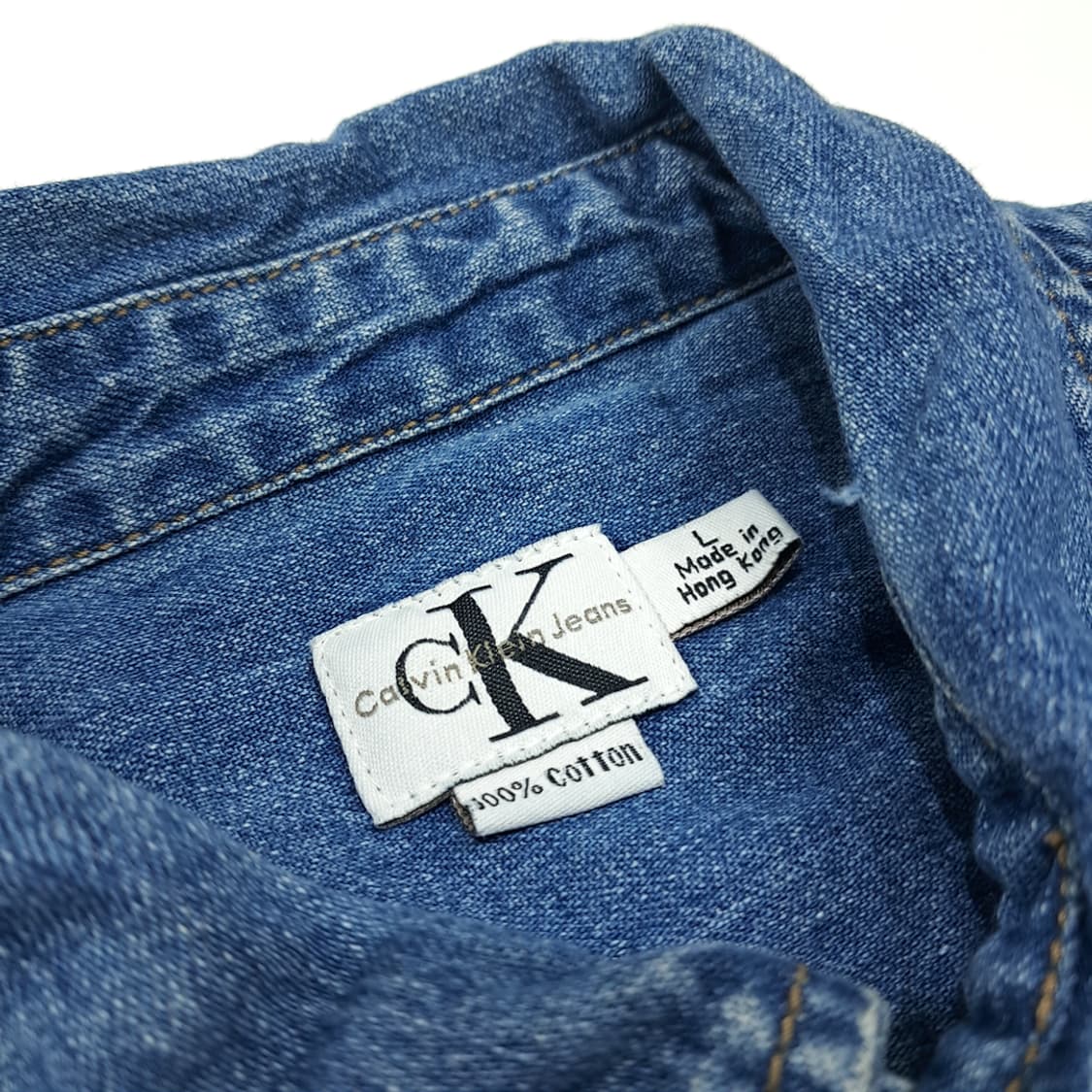 CL394 L 캘빈클라인 90s 홍콩판 코튼 미디엄블루 데님셔츠 남방 상품이미지3