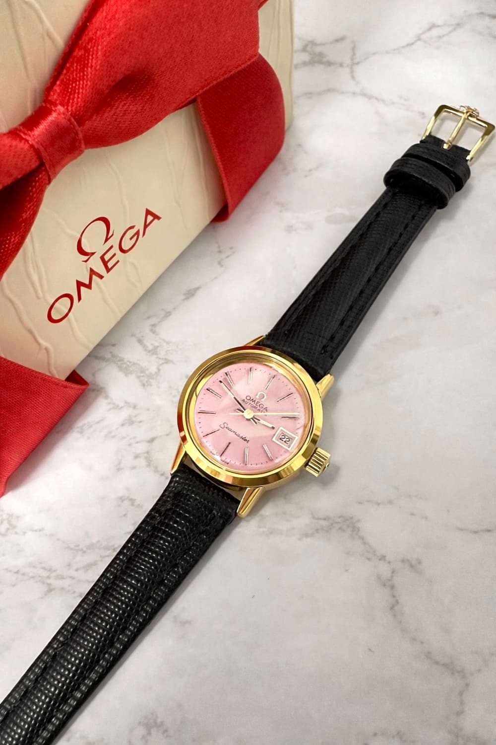 오메가 자동 씨마스터 핑크 여자 금장 시계 상품이미지2
