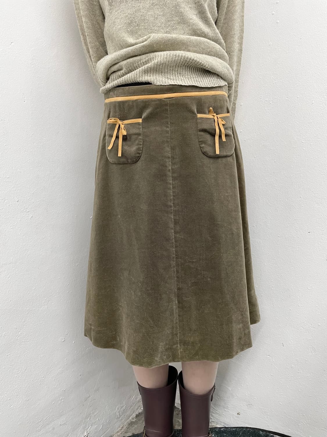 벨벳 카키 리본 스커트 상품이미지2