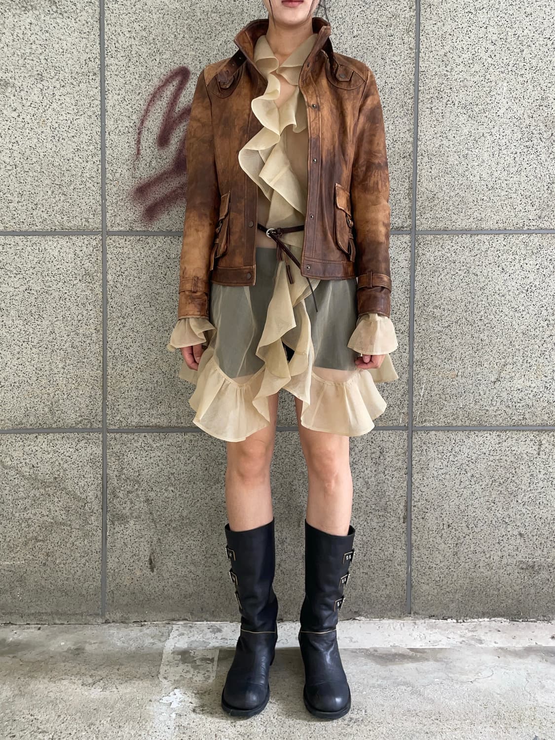 Brown washing sheepskin leather jacket 상품이미지2