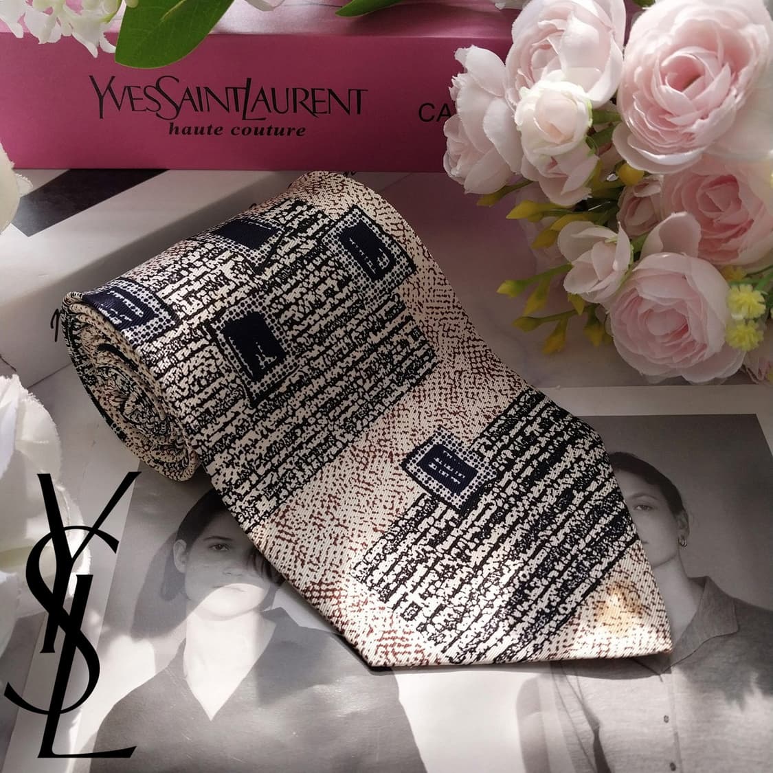 입생로랑 실크 베이지 패턴 넥타이 9.9cm A~B등급 K2376 상품이미지2