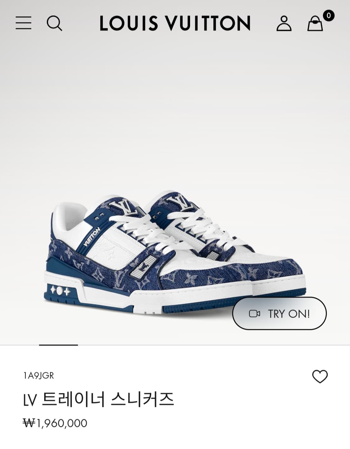 루이비통 트레이너 스니커즈 데님 블루 7사이즈 (새상품) 상품이미지3