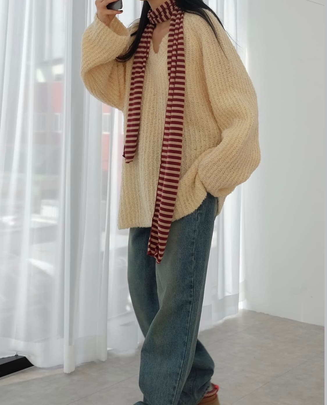 서울베이스드 와인/레드/빨강 줄무늬 면 목도리 스카프 상품이미지5