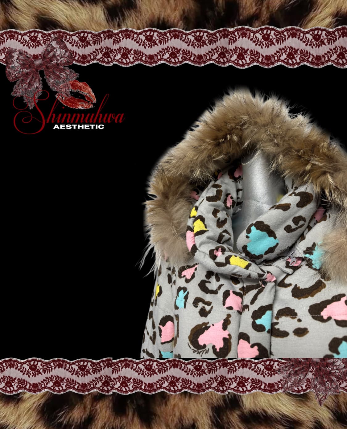 갸루 하트 레오파트 퍼 패딩  상품이미지3