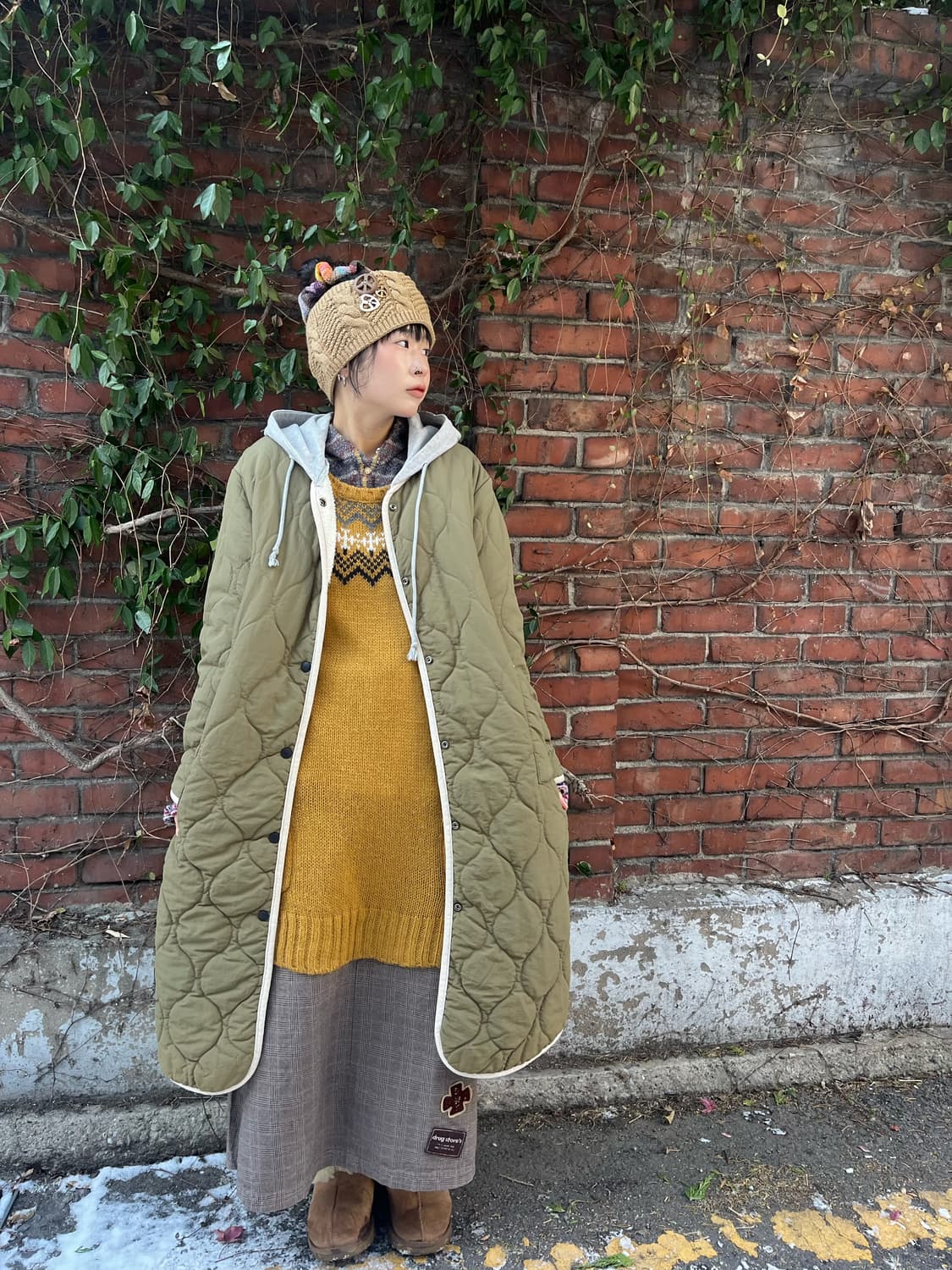 카키 퀼팅 플리스 후드 아우터 상품이미지3