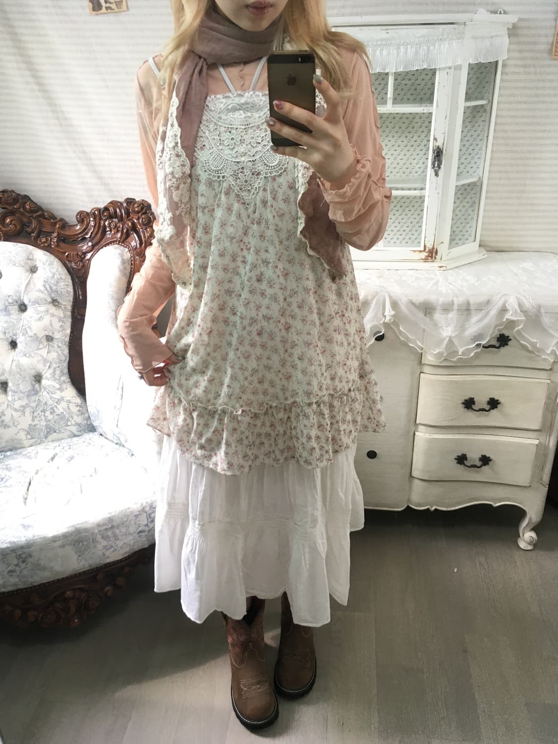 Set)잔꽃 하구미 원피스+홀터 레이스 나시+코랄블라우스 +레이스머플러 상품이미지3