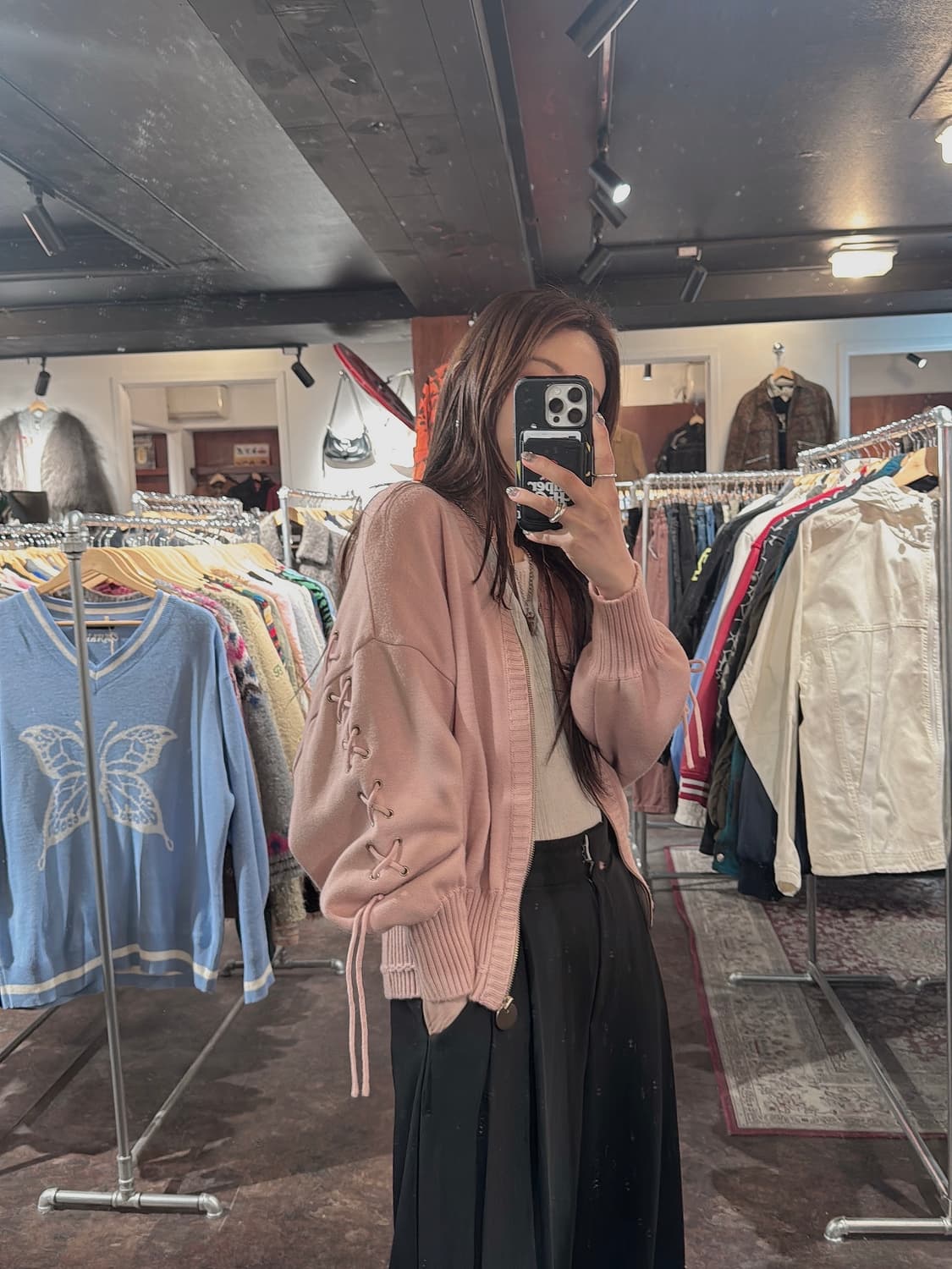 에고이스트 빈티지 스트랩 사선끈 핑크 벌룬 니트집업 가디건 F 상품이미지9