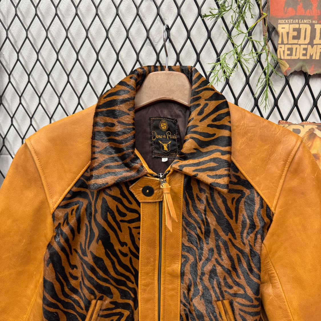 90s USA VINTAGE 송치 레더 자켓 호랑이 호피 패턴 브라운 상품이미지3