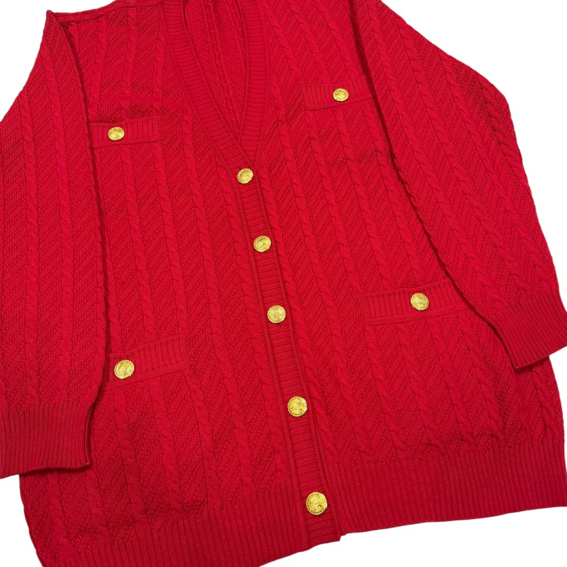셀린느 빈티지 금장 버튼 케이블 니트 가디건 레드 L 상품이미지2