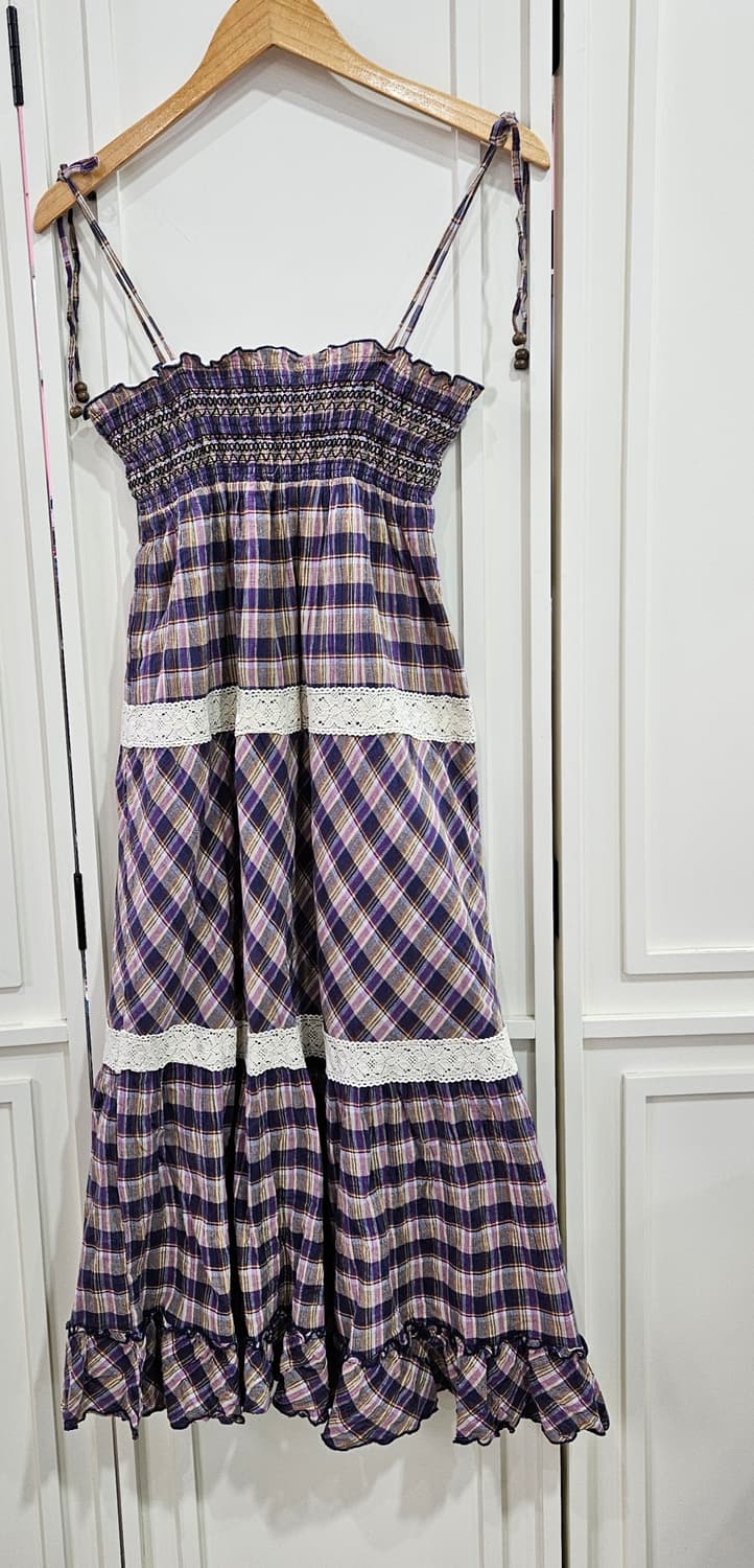 체크 끈 롱 원피스 레이스 장식 상품이미지5