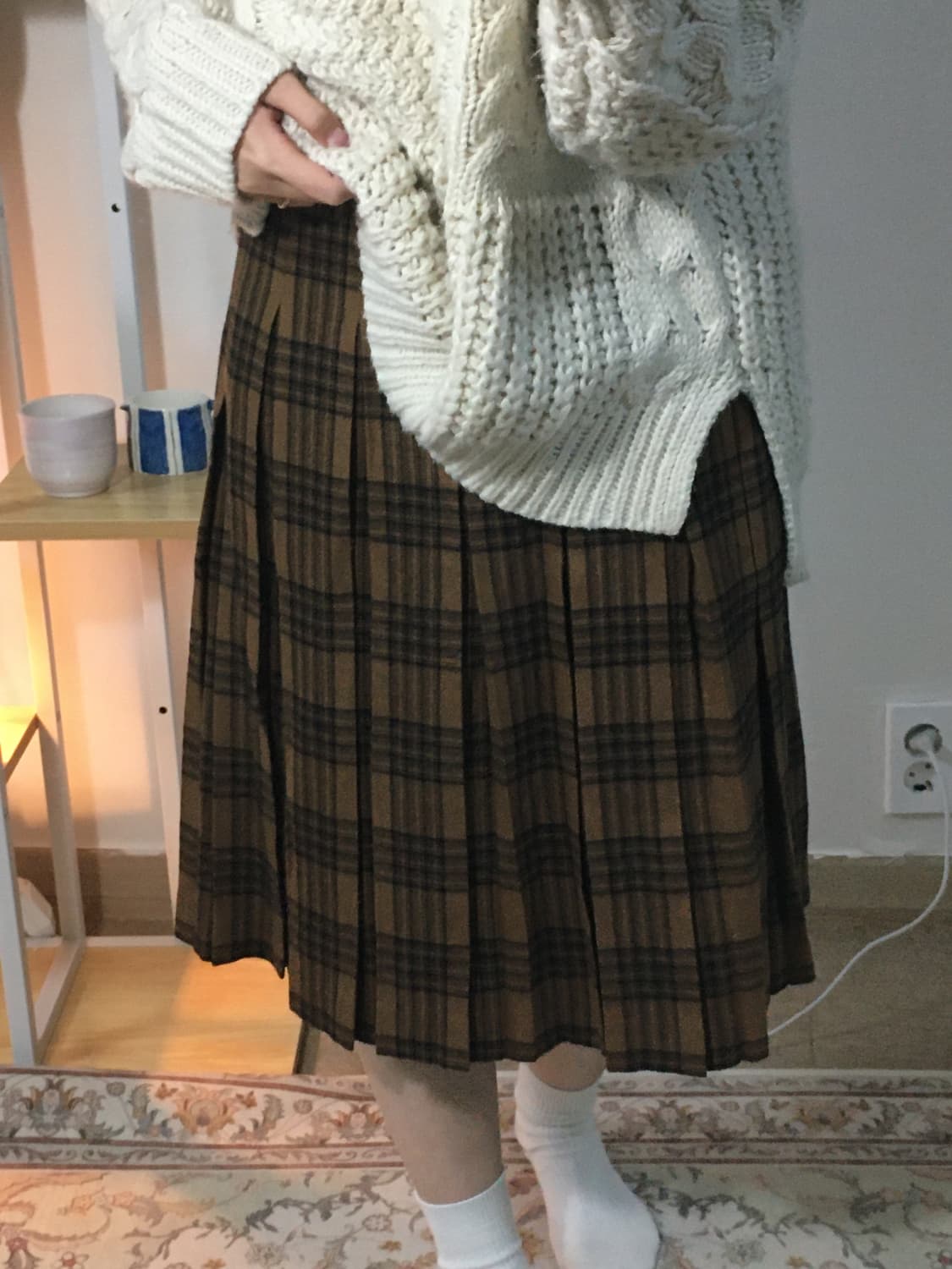 브라운 체크 울 플리츠 스커트 상품이미지2