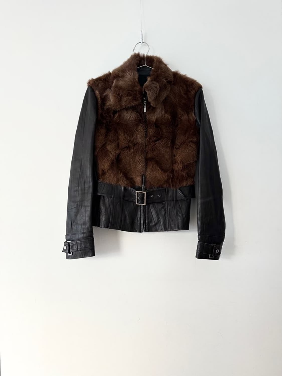 Hem buckle fur leather jacket / brown 상품이미지1