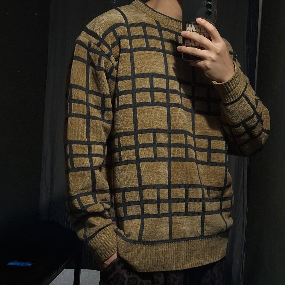 BILLY 베이지 그레이 스퀘어 패턴 아메카지 라운드넥 니트 L 상품이미지2