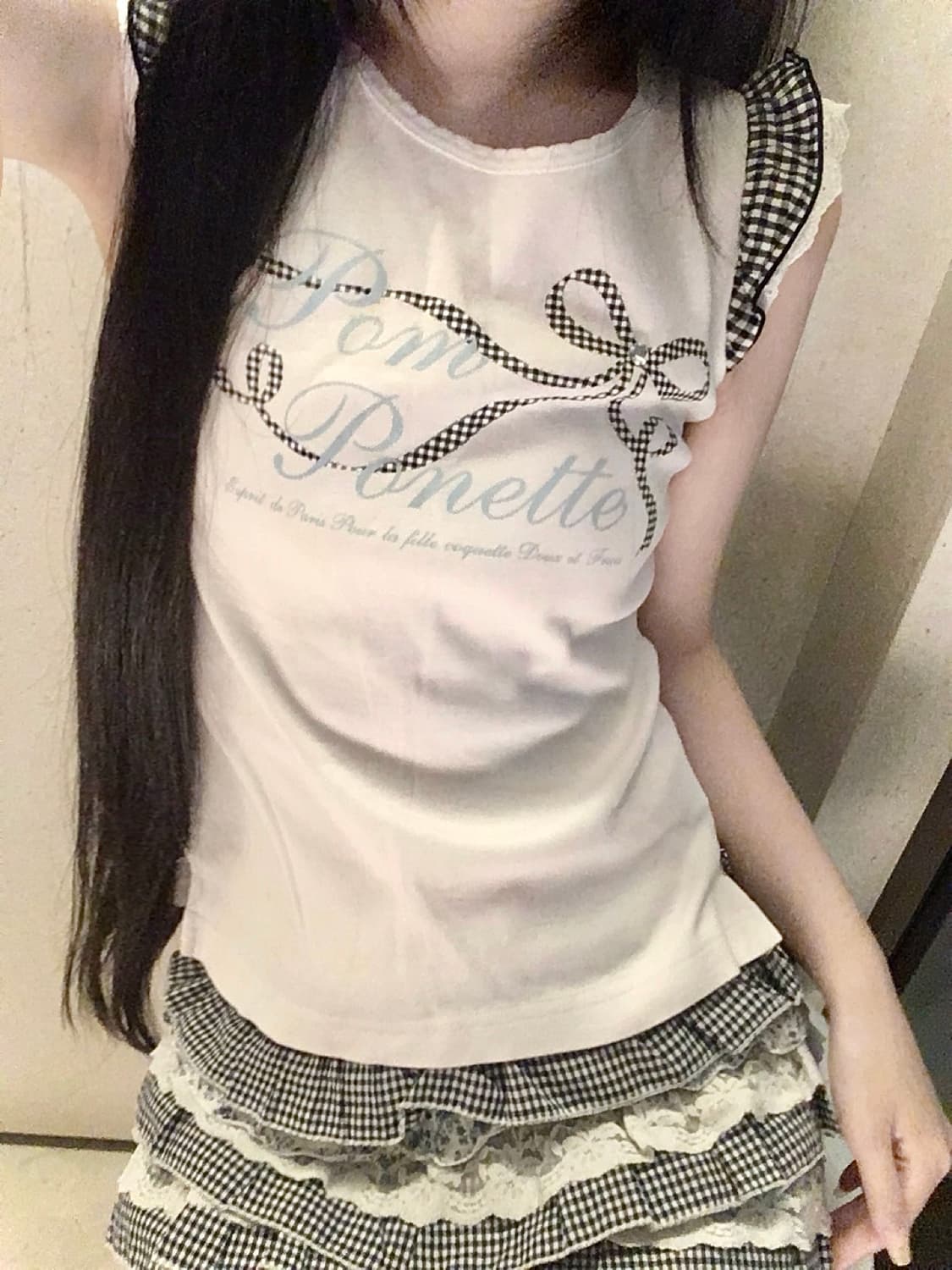 폼포넷 체크리본 레터링 민소매 탑 갸루 로리타 핀터깔 상품이미지2