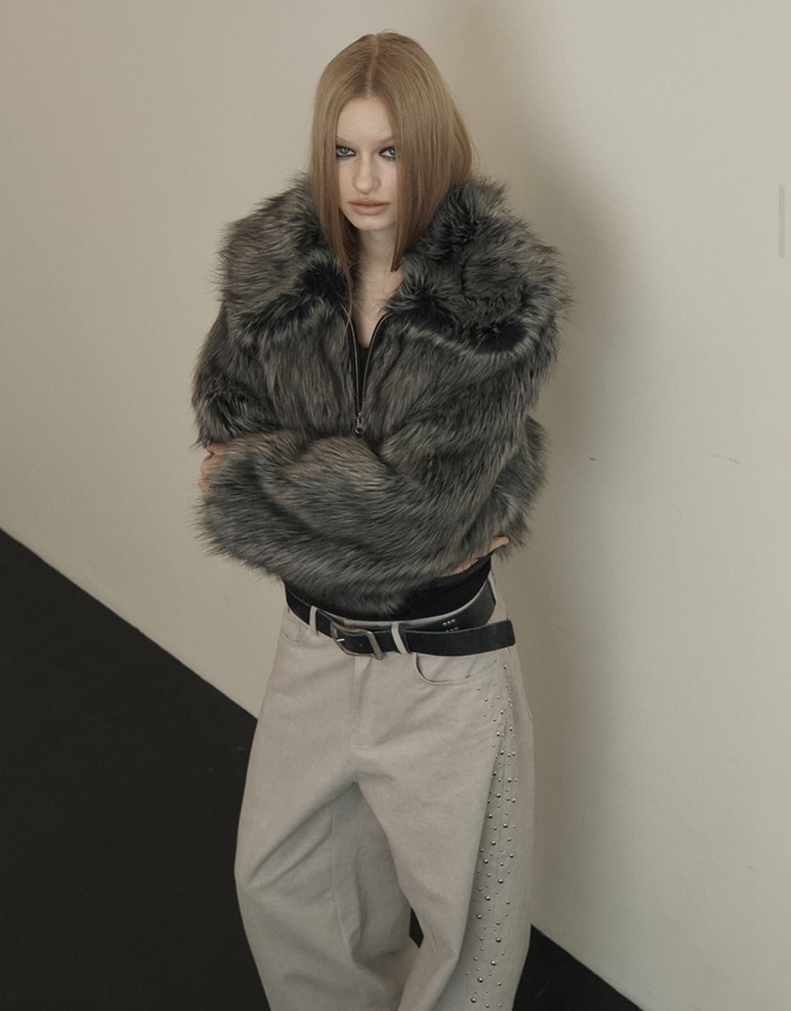 셋업이엑스이 FUR SHORT JACKET / CHARCOAL 상품이미지1