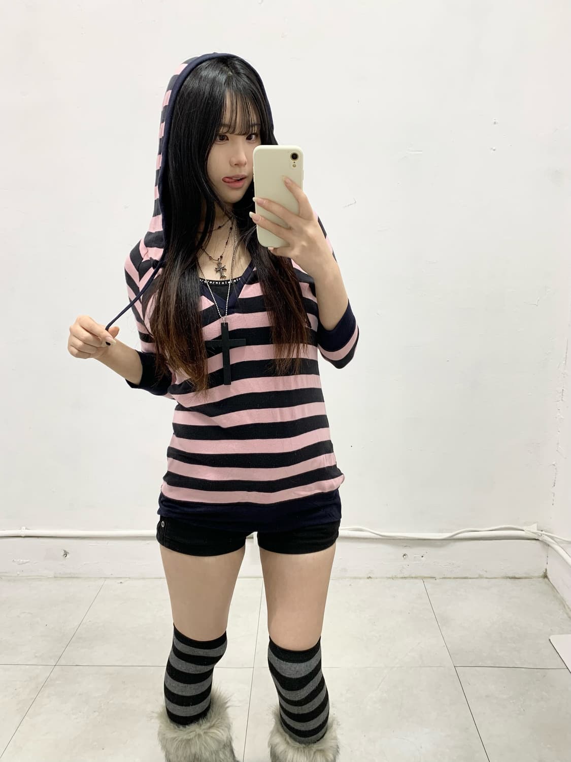 [PLAY] 갸루 핑크 스트라이프 후드 상품이미지3