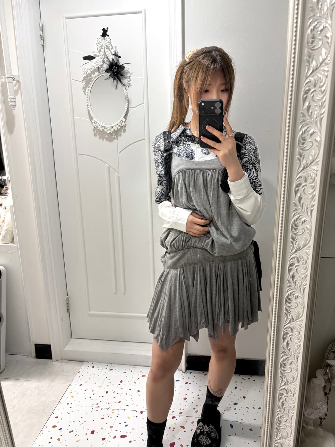 gray shirred dress 상품이미지5